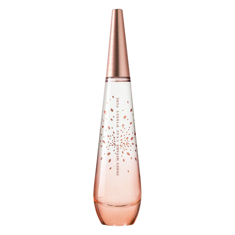 A spray bottle of 'Pure Petale De Nectar' Eau de Toilette by Issey Miyake, featuring a clear glass construction with rose gold accents and rose petal designs.