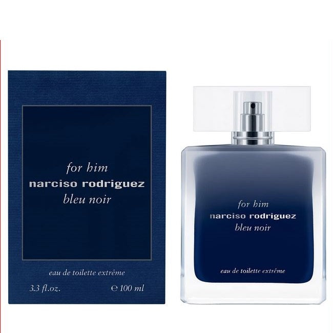 Perfume bottle and packaging labeled 'Narciso Rodriguez Bleu Noir' on a white background.