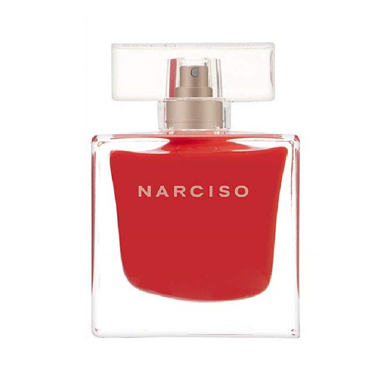 A square-shaped glass bottle of Narciso Rouge eau de toilette with a red liquid visible and the brand name 'NARCISO' displayed on the top.