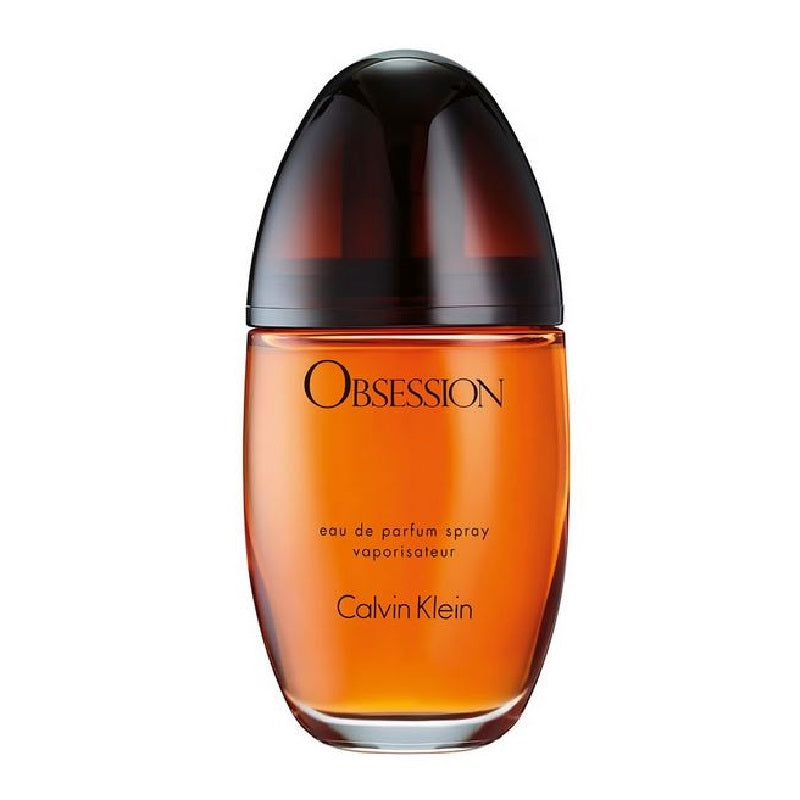 A bottle of Calvin Klein's Obsession Eau de Parfum with a clear, amber-colored liquid visible and the label on the front.