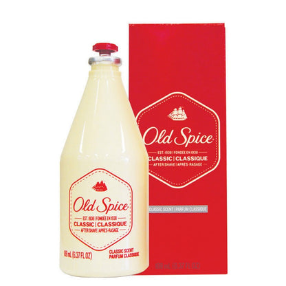 Old Spice aftershave bottle and packaging on a white background