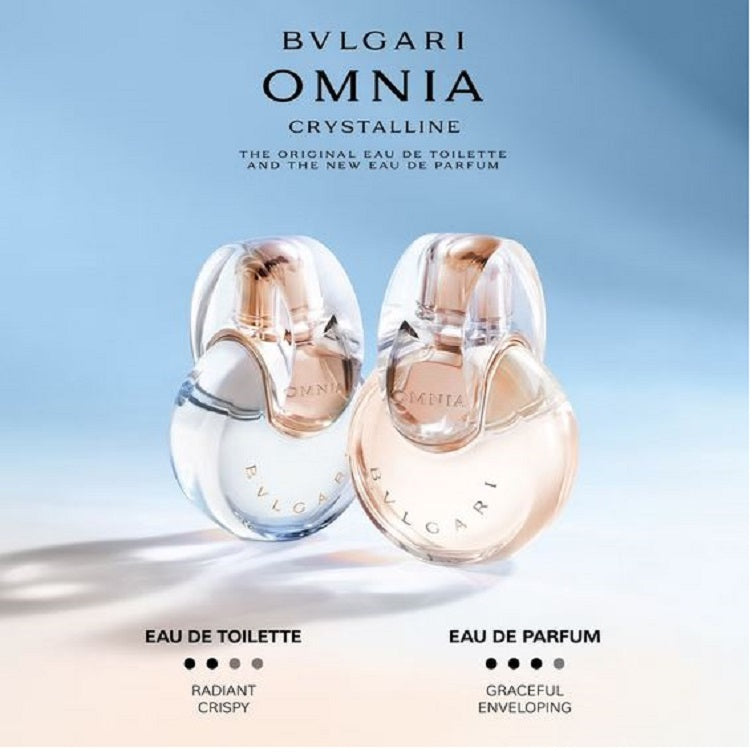 Bulgari Omnia Crystalline perfume bottles on a light blue background