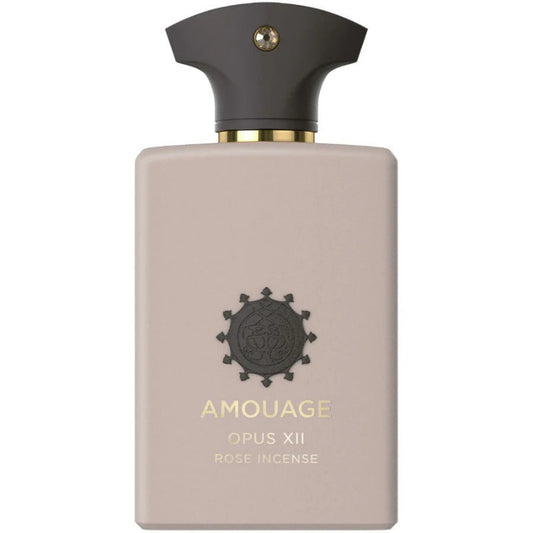 A beige-colored bottle of Opus XII Rose Incense perfume by Amouage with a black cap and gold detailing.