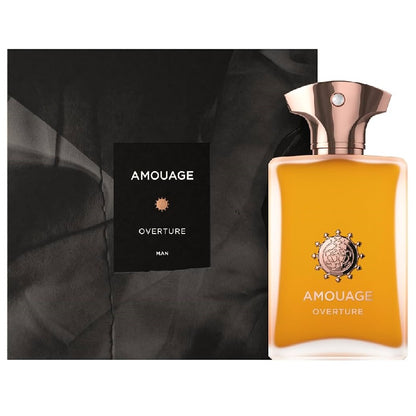 Amouage Overture perfume bottle and packaging on a dark background