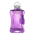 A purple, floral patterned perfume bottle with a decorative tassel and silver cap.