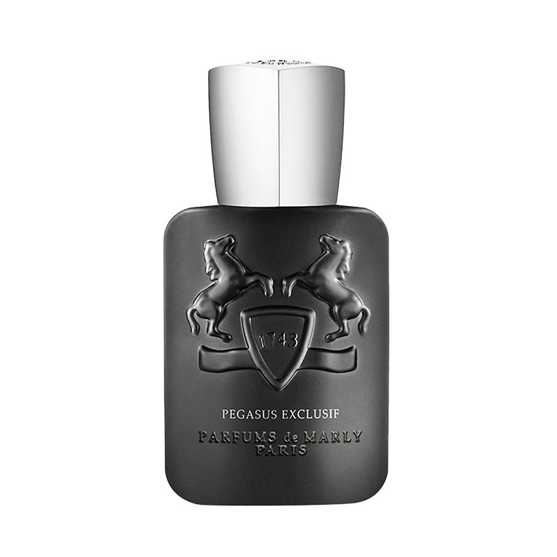 A black bottle of Pegasus Exclusif Eau de Parfum by Parfums De Marly with a metallic cap and a emblem logo.