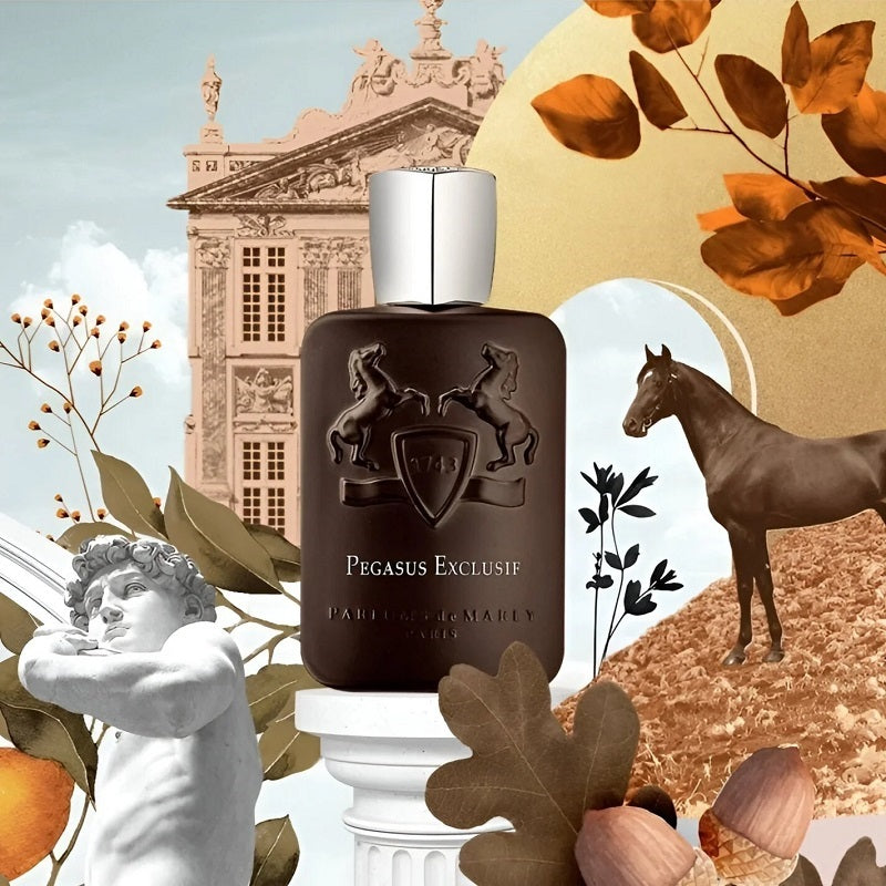 Perfume bottle labeled 'Pegasus Exclusif' with classical architecture and horse elements in the background