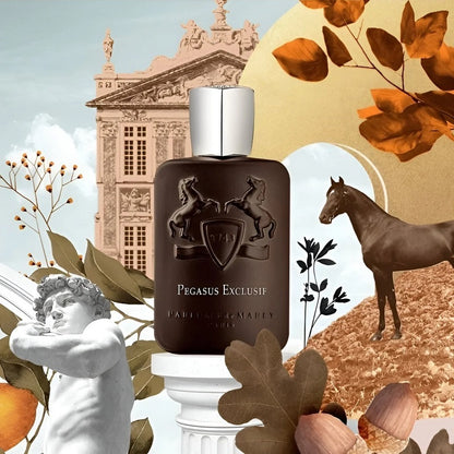 Perfume bottle labeled 'Pegasus Exclusif' with classical architecture and horse elements in the background