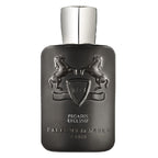 Black perfume bottle with silver cap on a white background