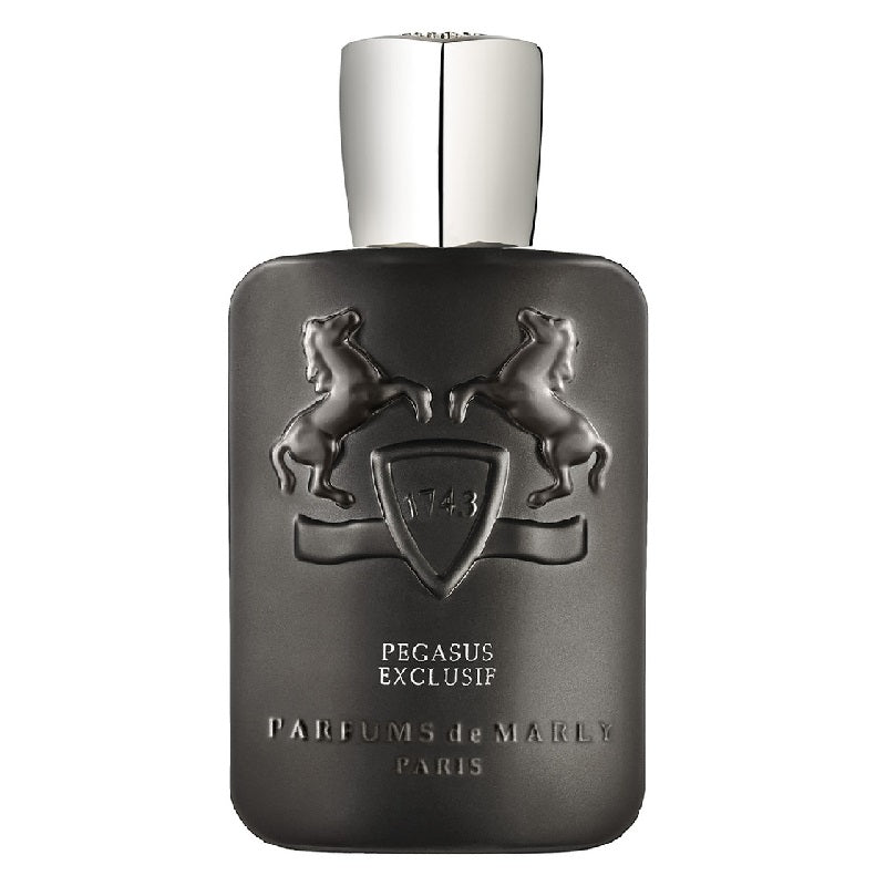 Black perfume bottle with silver cap on a white background