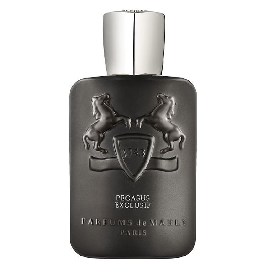 Black perfume bottle with silver cap on a white background