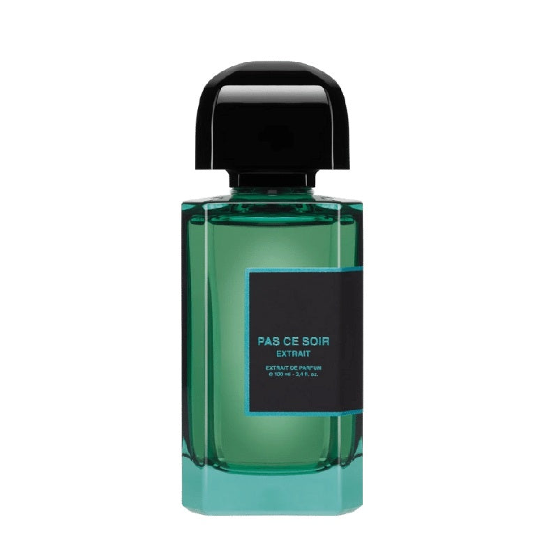 A green 100ml bottle of Pas Ce Soir Extrait Eau de Parfum by BDK Parfums with a black cap and label.