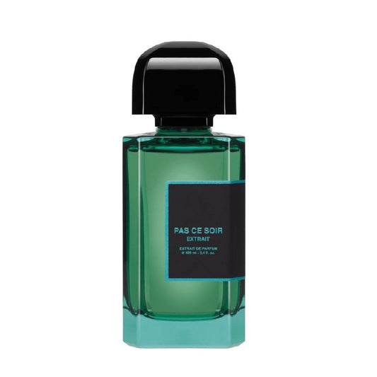 A green 100ml bottle of Pas Ce Soir Extrait Eau de Parfum by BDK Parfums with a black cap and label.