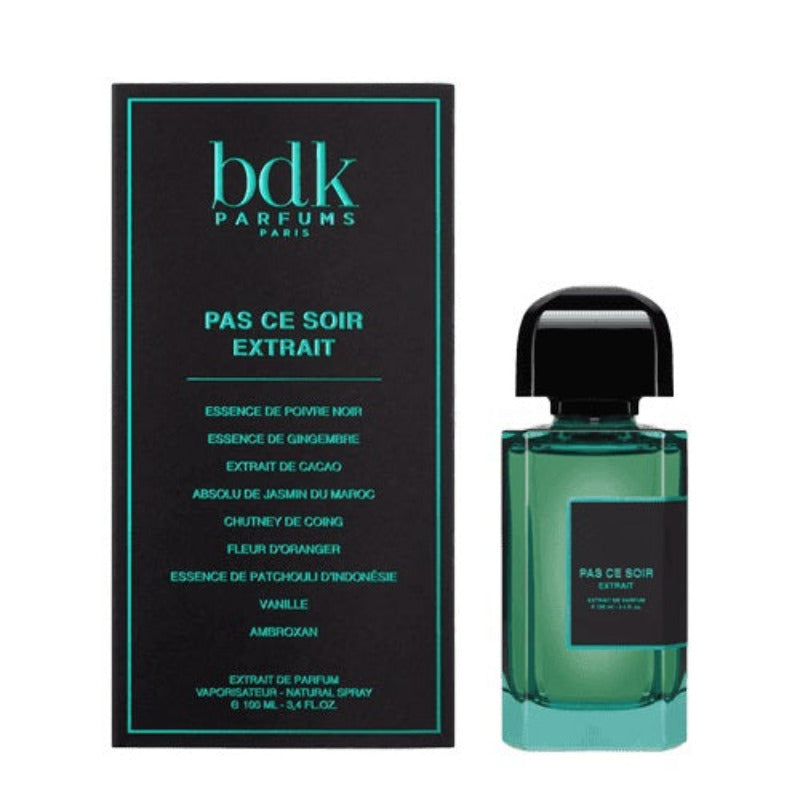 A product image featuring a 100ml bottle of 'Pas Ce Soir Extrait' Eau De Parfum by BDK Parfums. The perfume bottle is green with a black cap, displayed in front of its black box packaging with white and green text.