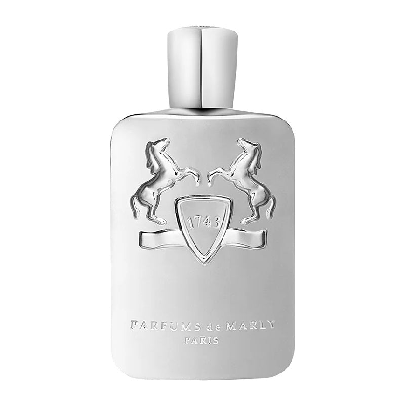 A sleek, white bottle of Pegasus (125ml) by Parfums De Marly with a polished chrome finish and the brand's logo engraved on the front.