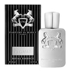 A product image featuring a 125ml Eau de Parfum bottle by Parfums de Marly, named Pegasus. The bottle is clear with a silver label and a decorative horse emblem.