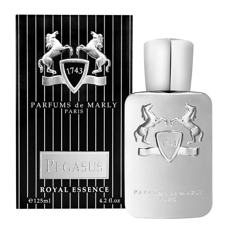 A product image featuring a 125ml Eau de Parfum bottle by Parfums de Marly, named Pegasus. The bottle is clear with a silver label and a decorative horse emblem.