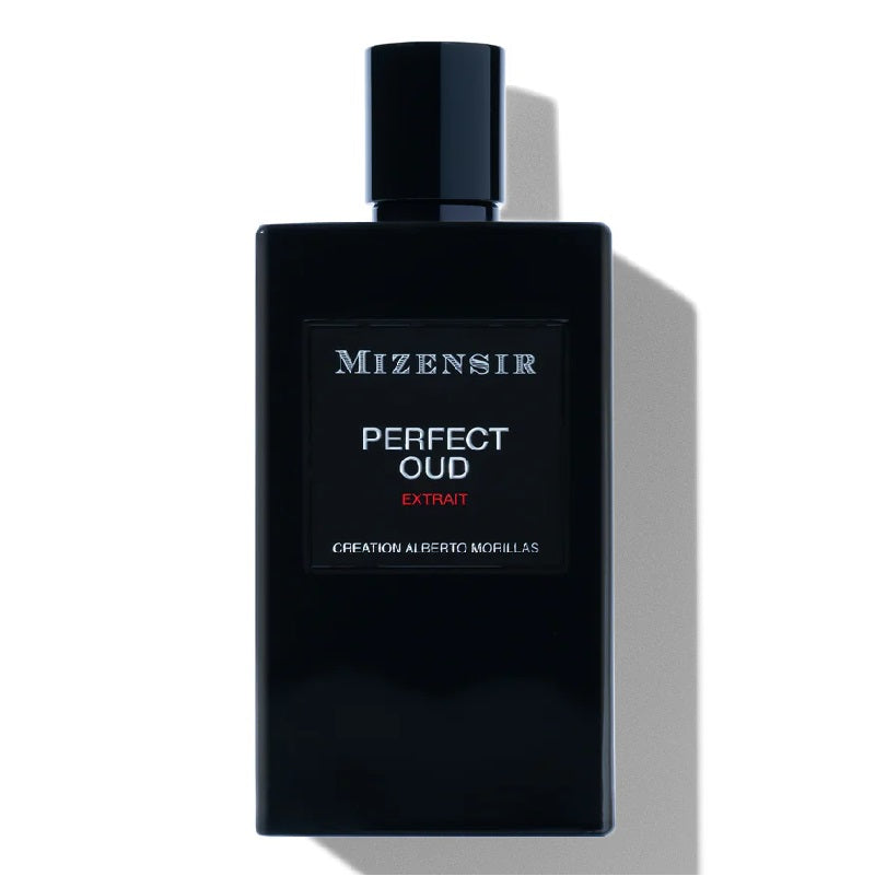Black Mizensir Perfect Oud perfume bottle on a white background