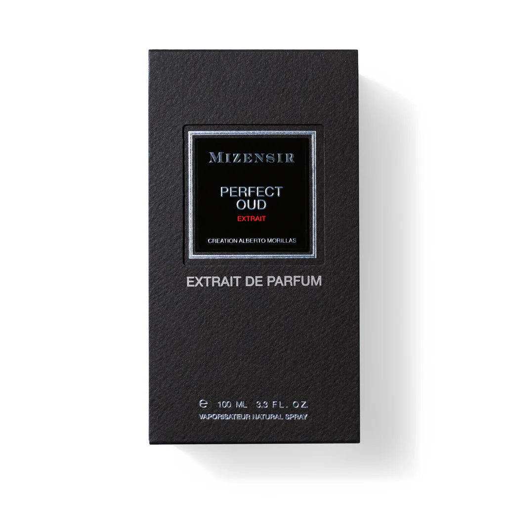 Black Mizensir Perfect Oud perfume box on a white background