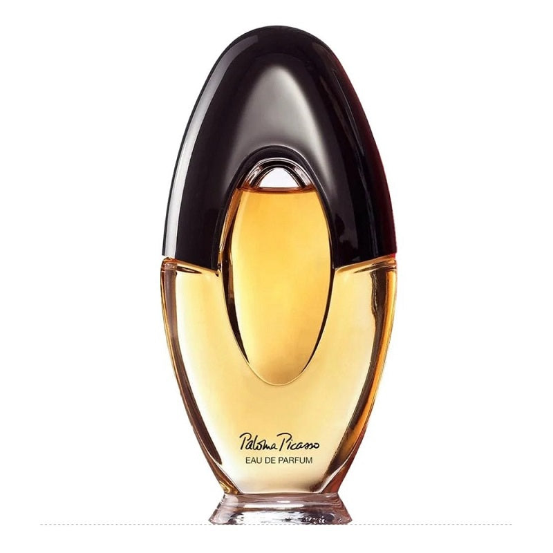 Perfume bottle with a black cap and clear body on a white background