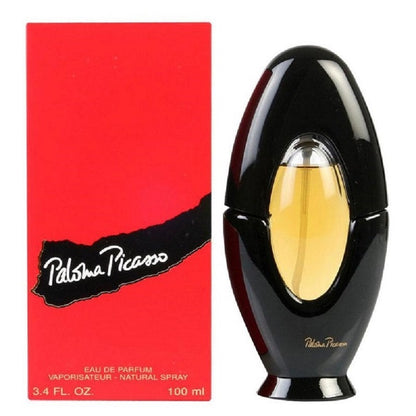 Black perfume bottle with gold cap next to a red Paloma Picasso perfume box on a white background