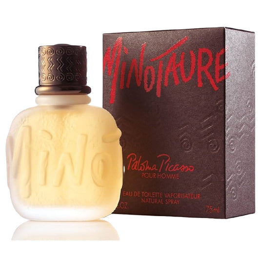 Perfume bottle and packaging of Paloma Picasso Minotaure for men on a white background