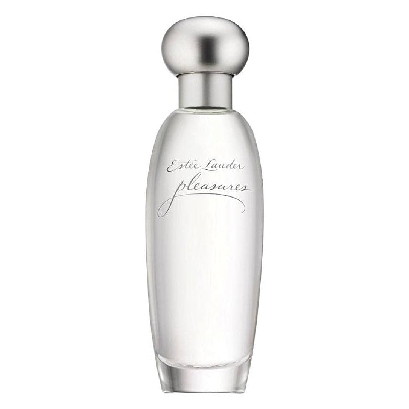 Estee Lauder Pleasures Eau de Parfum spray bottle, white with a silver cap, labeled with the brand's signature script.