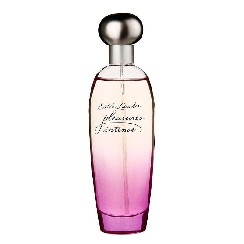 Estee Lauder Pleasures Intense Eau de Parfum Spray bottle with a purple to clear gradient and a silver cap.