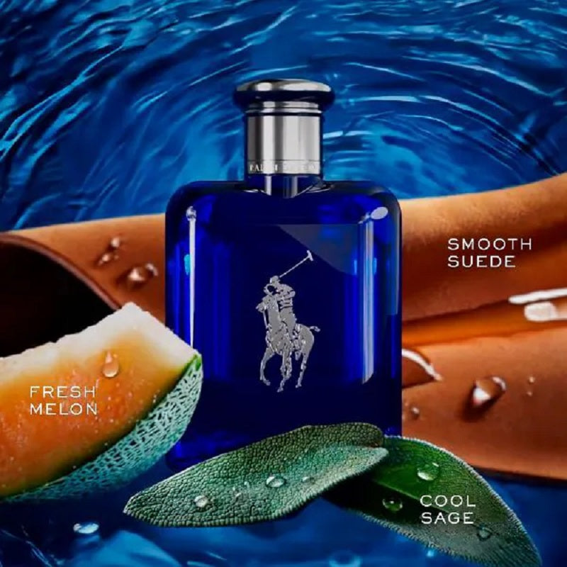 Blue Ralph Lauren Polo fragrance bottle with melon, leaves, and leather on a blue water background