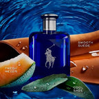 Blue Ralph Lauren Polo fragrance bottle with melon, leaves, and leather on a blue water background