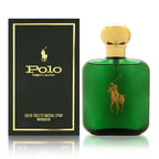Green Polo Ralph Lauren perfume bottle with gold cap and packaging on a white background