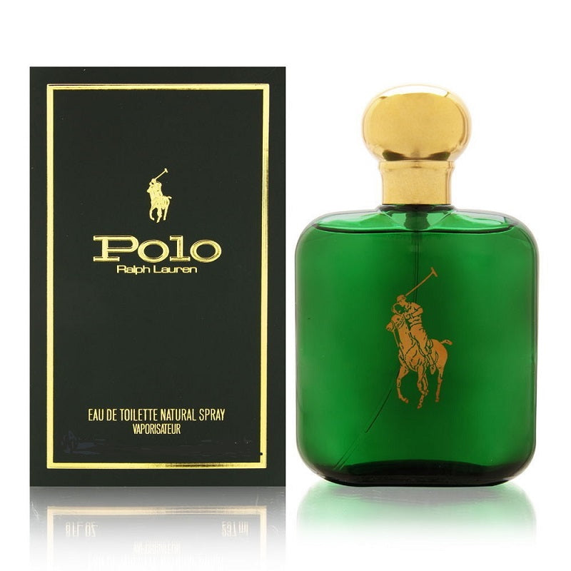 Green Polo Ralph Lauren perfume bottle with gold cap and packaging on a white background