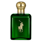 Green perfume bottle with gold cap and logo on a white background
