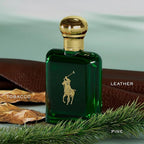 Green perfume bottle with gold cap and logo on a green background