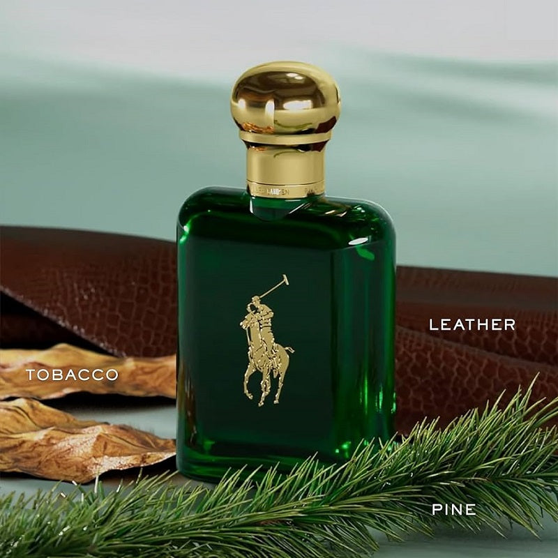 Green perfume bottle with gold cap and logo on a green background