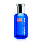 A blue bottle of Polo Sport eau de toilette by Ralph Lauren with a silver cap.