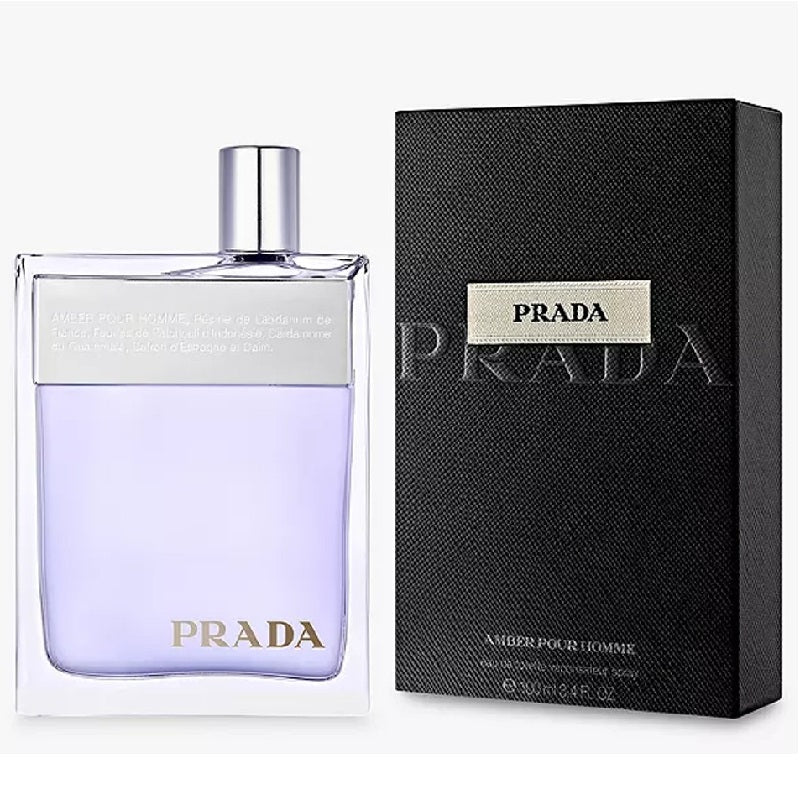 Prada perfume bottle and packaging on a white background