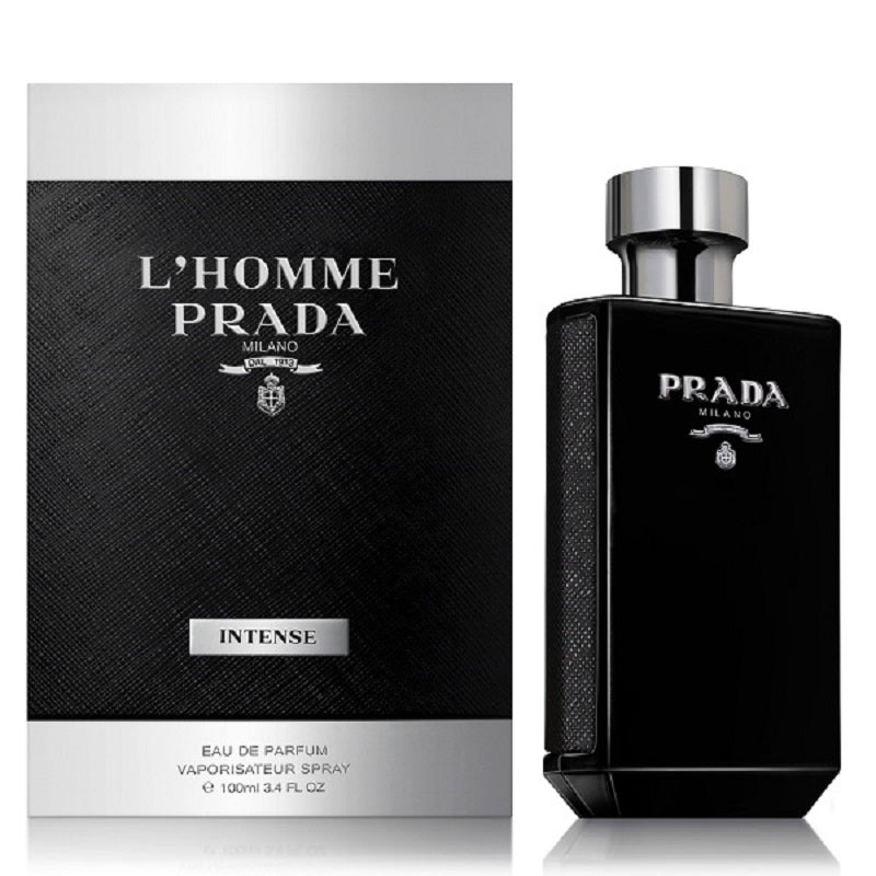 Prada L'Homme Intense perfume bottle and packaging on a white background