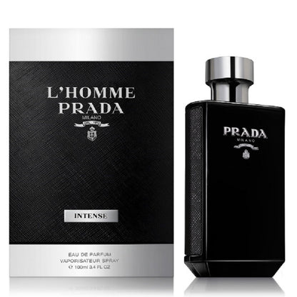 Prada L'Homme Intense perfume bottle and packaging on a white background