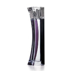 Clear perfume bottle with a purple liquid on a white background