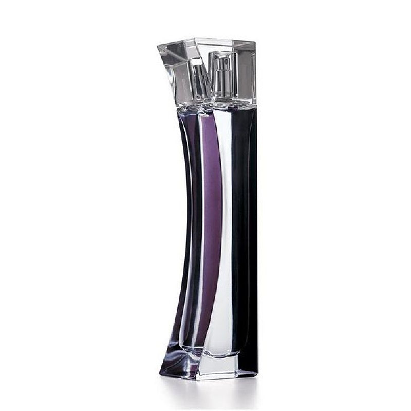 Clear perfume bottle with a purple liquid on a white background