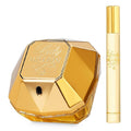 Gold perfume bottle and spray nozzle with 'Lady Million' branding on a white background