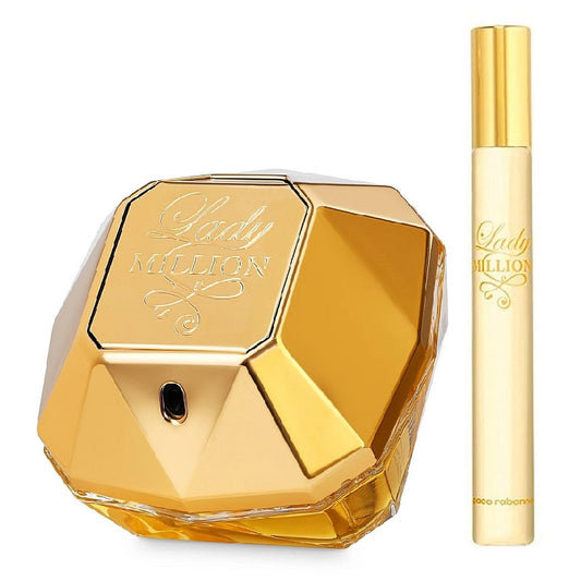 Gold perfume bottle and spray nozzle with 'Lady Million' branding on a white background
