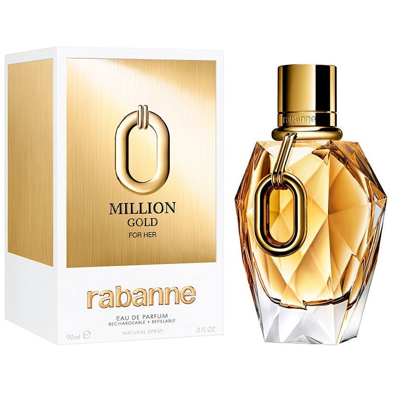 Rabanne Million Gold for Her perfume bottle and packaging on a white background