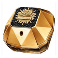 A golden, faceted bottle of Lady Million Fabulous Intense eau de parfum by Paco Rabanne, with a black cap featuring the word 'FABULOUS' adorned with stars.