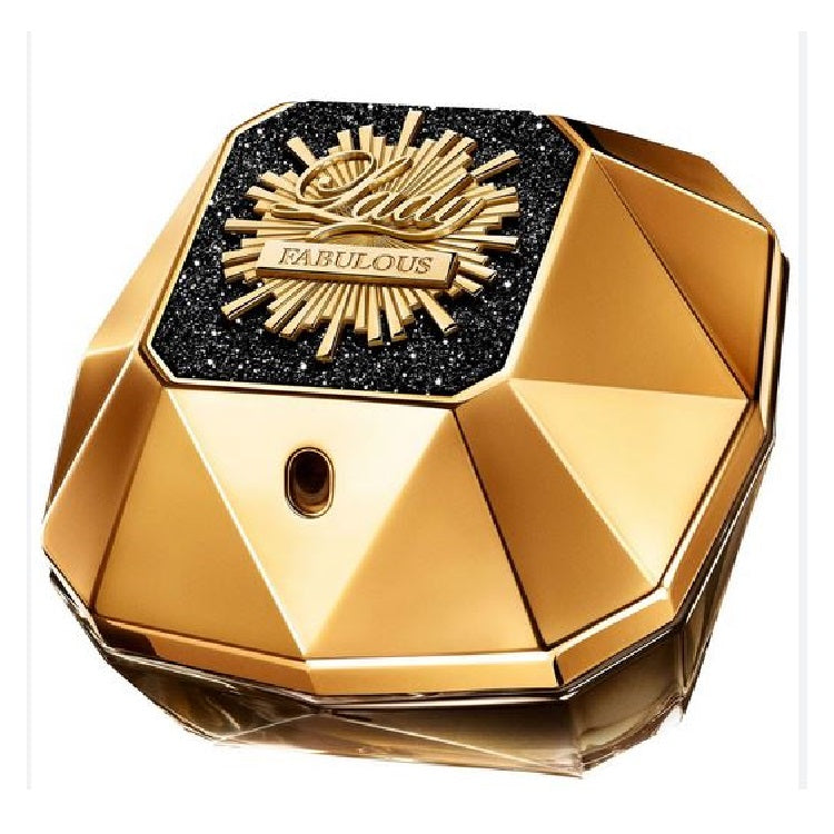 A golden, faceted bottle of Lady Million Fabulous Intense eau de parfum by Paco Rabanne, with a black cap featuring the word 'FABULOUS' adorned with stars.