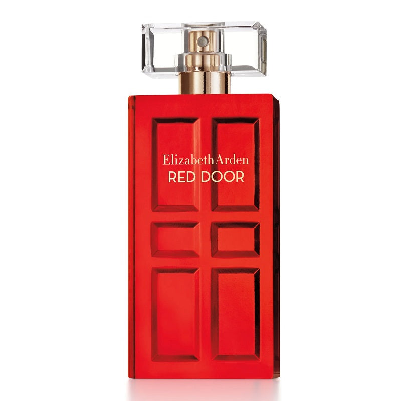 Red Elizabeth Arden perfume bottle on a white background