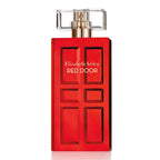 Red Elizabeth Arden perfume bottle on a white background