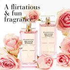 Two Elizabeth Arden perfume bottles with pink roses on a white background