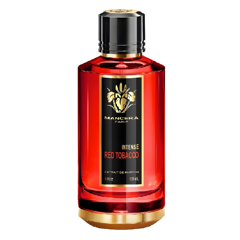 A bottle of Red Tobacco Intense Eau de Parfum by Mancera with a red tint and black cap, labeled with the product name and brand.